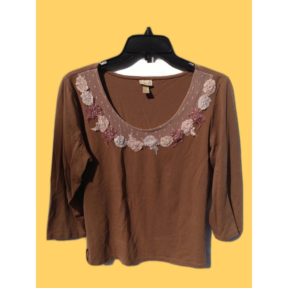 Linden Hill Woman Shirt Size L Brown Long Sleeve Beaded Lace Pullover